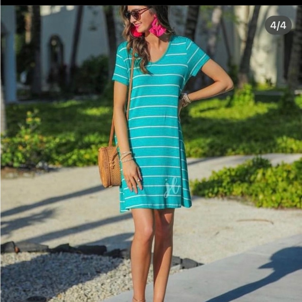 Stripe Teal T shirt dress. V neck.